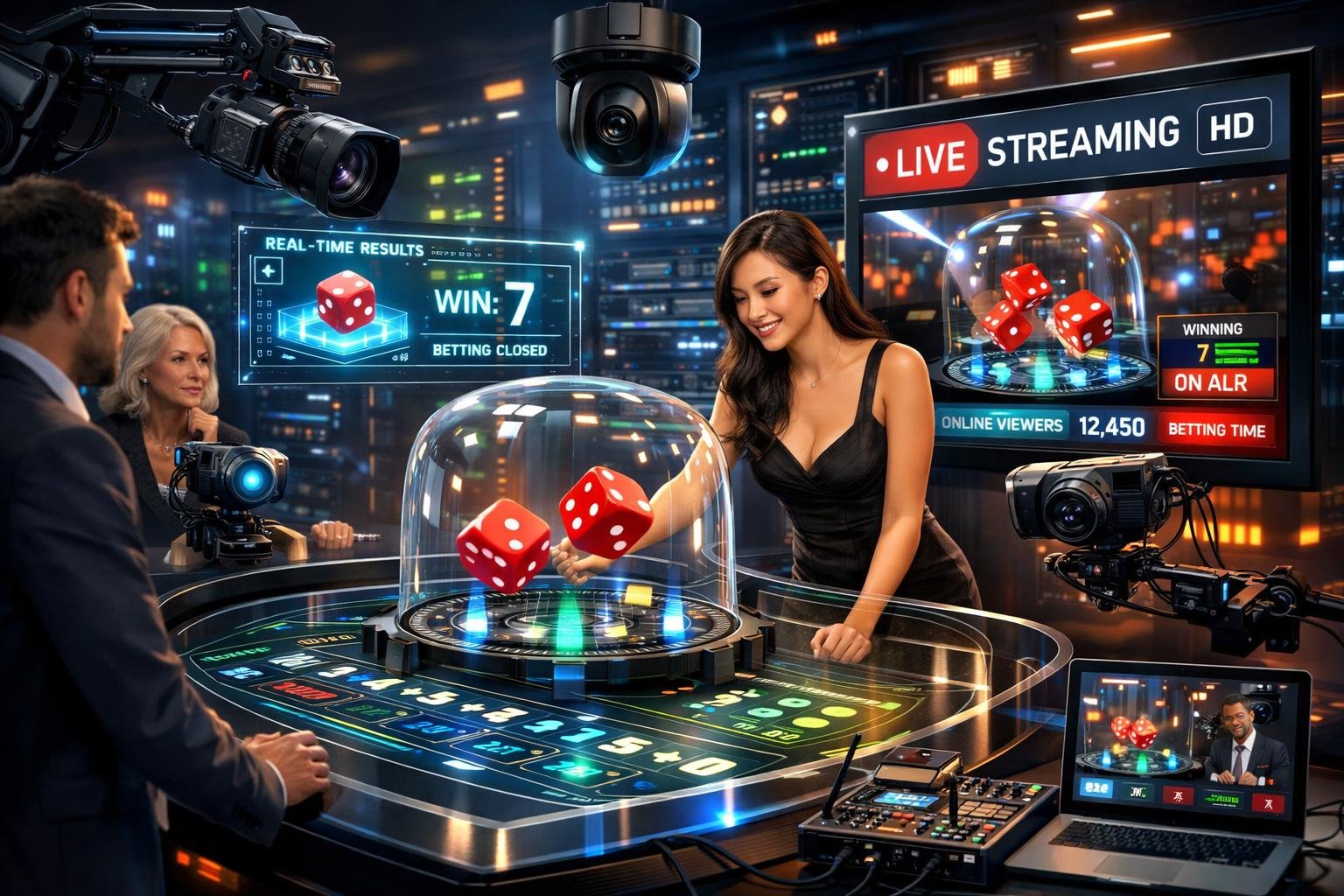 A Casino Scene Showing A Live Dice Game With Players, A Dealer, And Advanced Technology Like Holographic Displays And Cameras Capturing The Game.