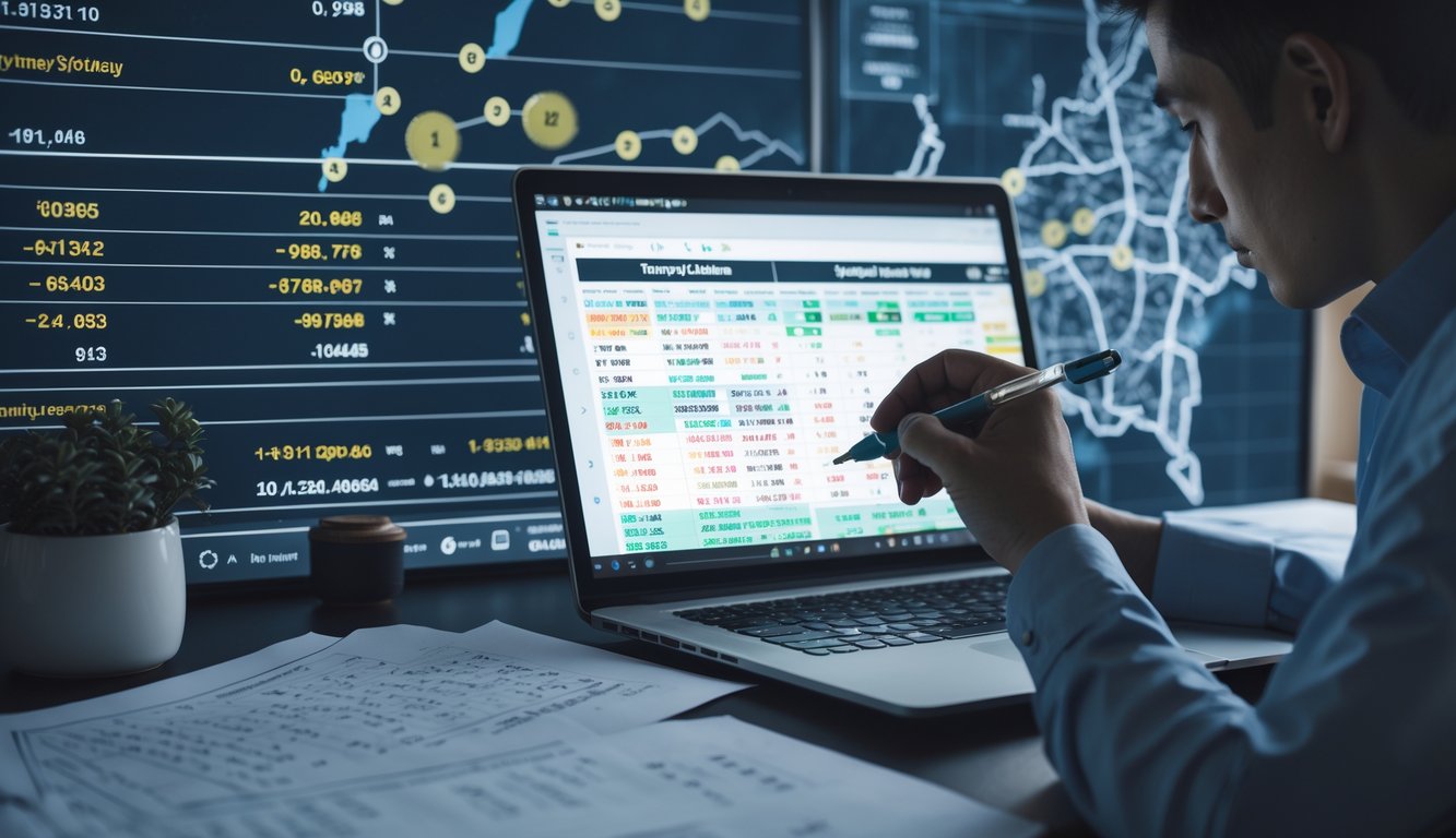 Seorang profesional sedang menganalisis data angka togel di depan laptop dengan peta Sydney di latar belakang.