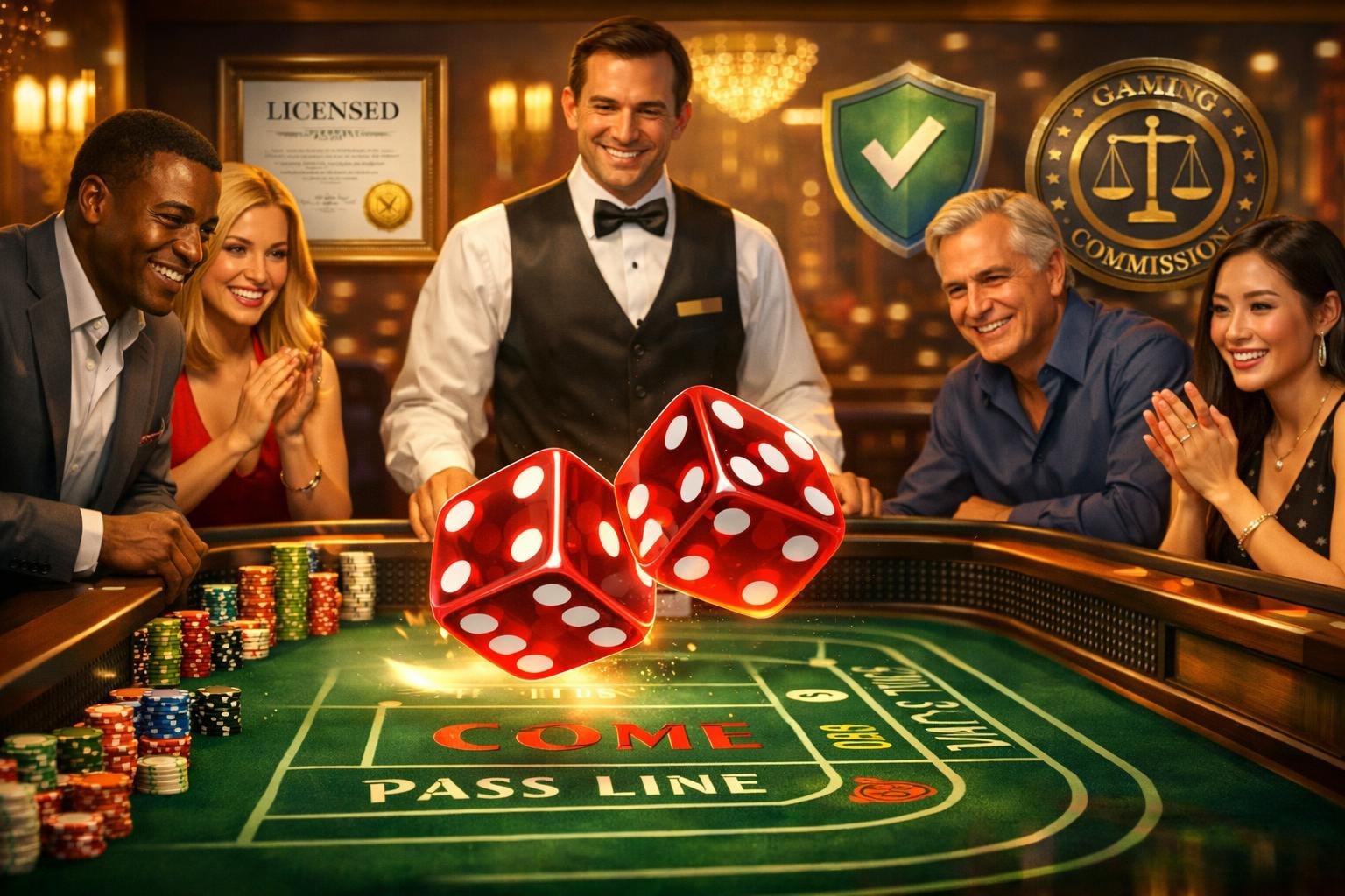 A Casino Scene Showing A Live Dice Game With Players And A Dealer Around A Gaming Table, Highlighting Fairness And Trust.