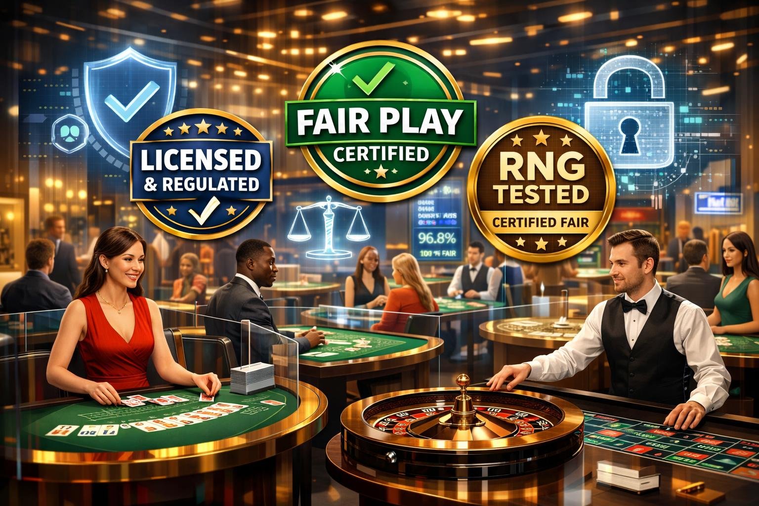 A Live Casino Floor With Dealers And Players At Gaming Tables, Showing Symbols Of Certification And Security To Represent Licensing And Fair Play.