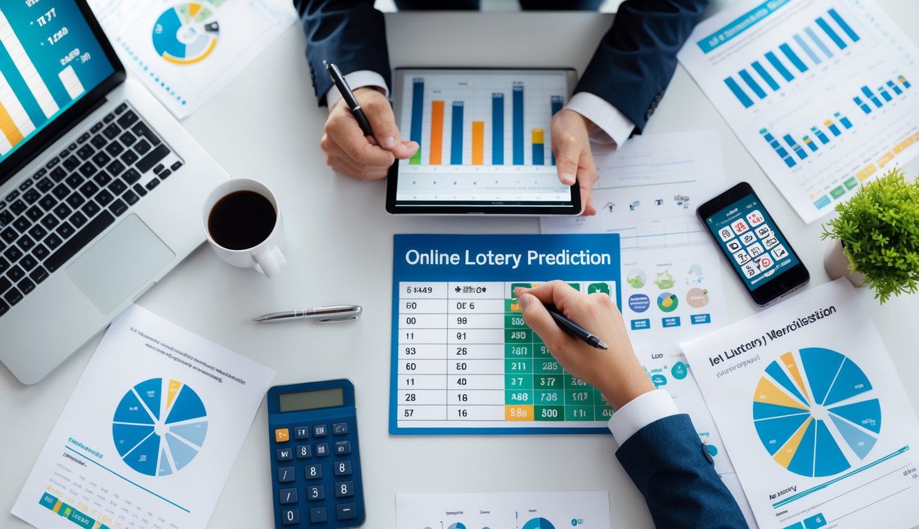 Seseorang sedang menganalisis data angka di meja kerja dengan laptop, kertas grafik, dan alat tulis.