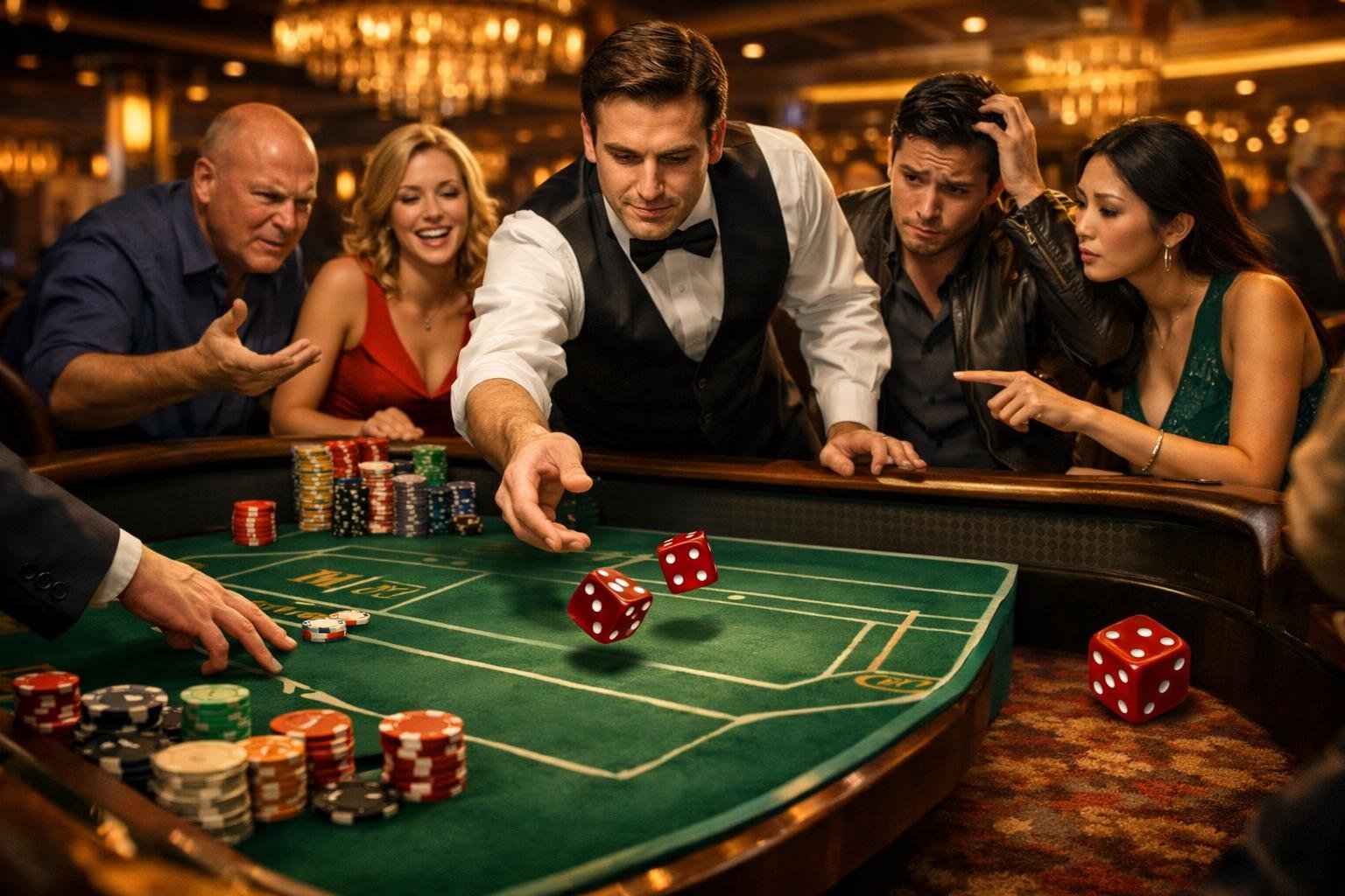 A Casino Table Where A Dealer Rolls Dice While Players Watch And Participate, Showing A Lively Scene Of A Live Dice Game.