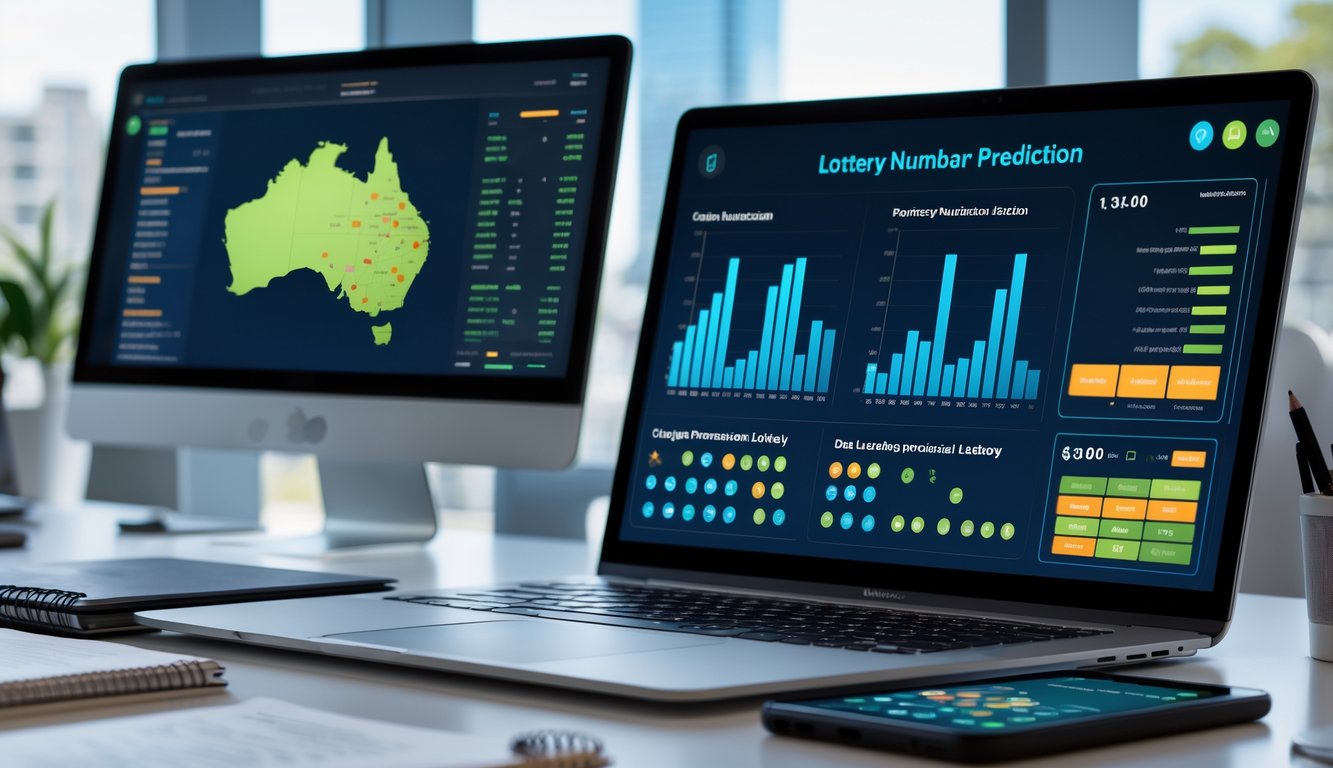 Sebuah ruang kerja modern dengan laptop yang menampilkan grafik dan angka prediksi togel, peta Sydney di latar belakang, serta alat analisis di atas meja.
