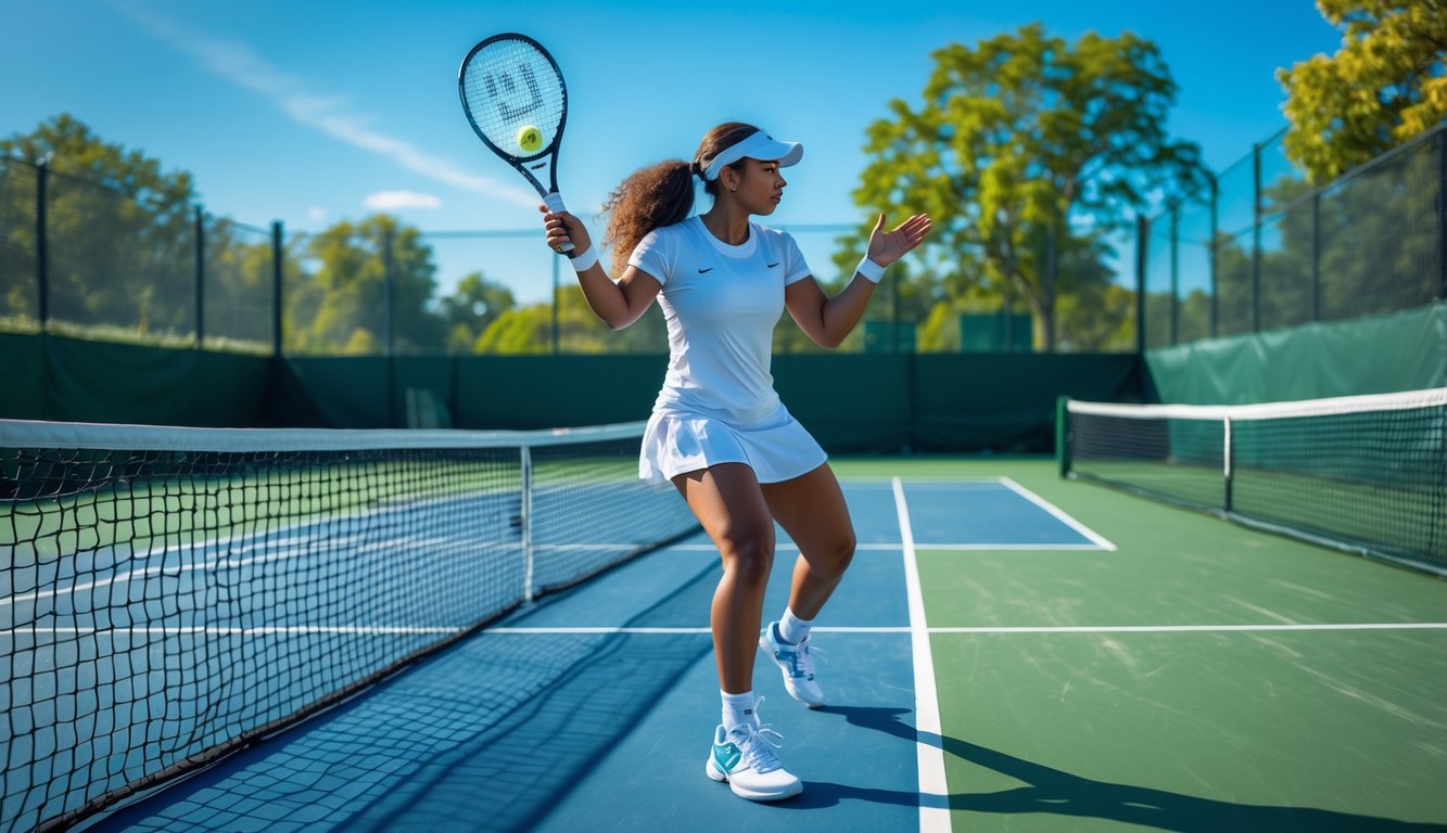 Seorang pemain tenis sedang bersiap melakukan servis di lapangan tenis luar ruangan pada hari cerah.
