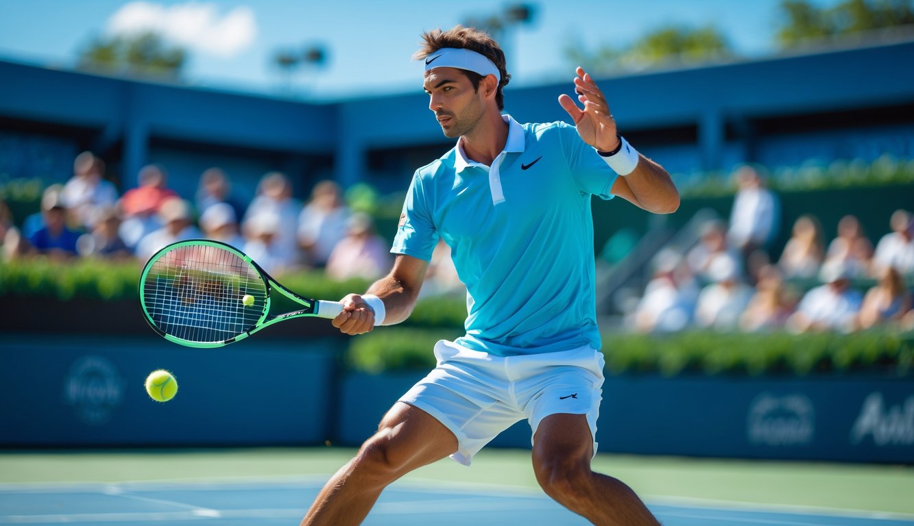 Seorang pemain tenis pria sedang memegang raket dan bersiap memukul bola di lapangan tenis luar ruangan.