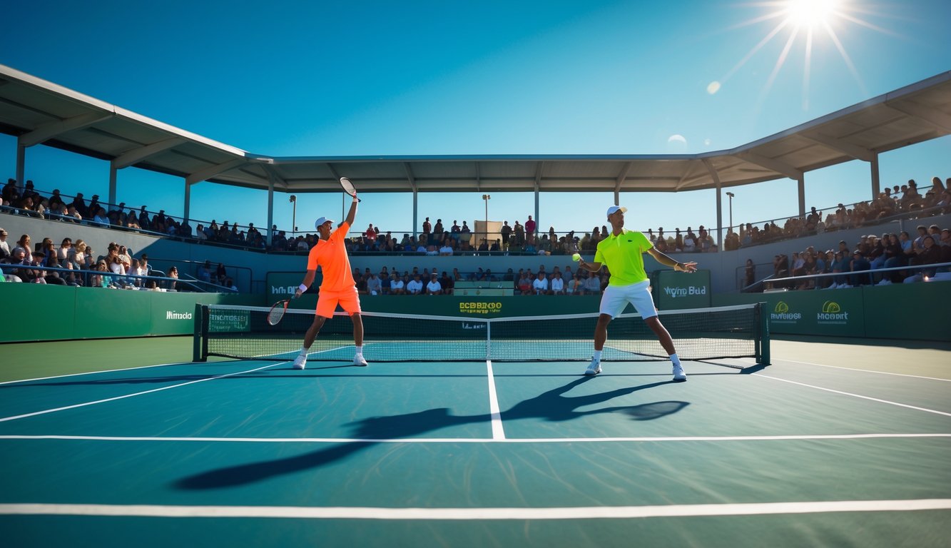 Dua pemain tenis sedang beraksi di lapangan tenis dengan penonton di latar belakang.