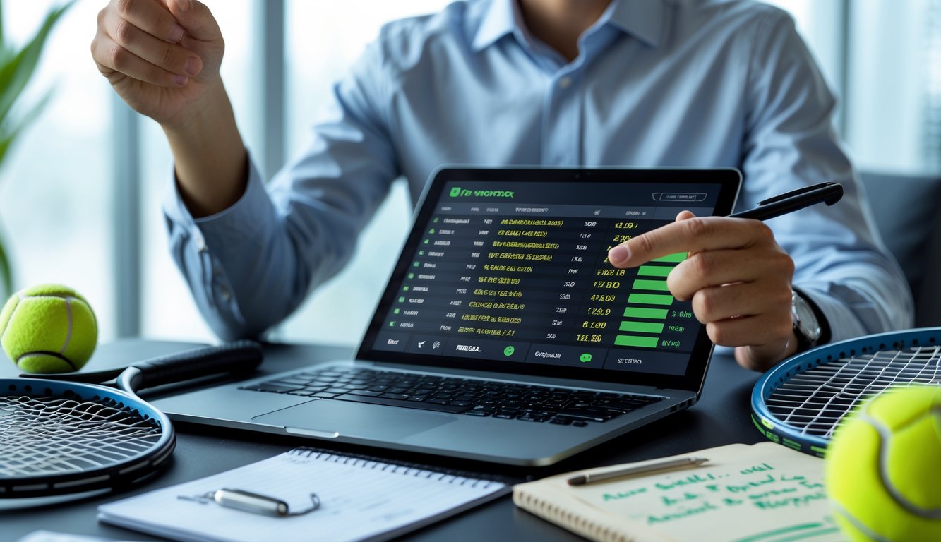 Seseorang sedang melihat data taruhan tenis profesional di laptop dengan bola tenis dan raket di meja.