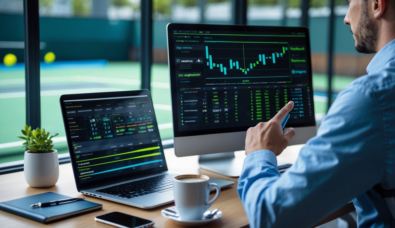 Seseorang sedang menganalisis data pertandingan tenis di depan laptop di ruang kerja dengan lapangan tenis terlihat di latar belakang.