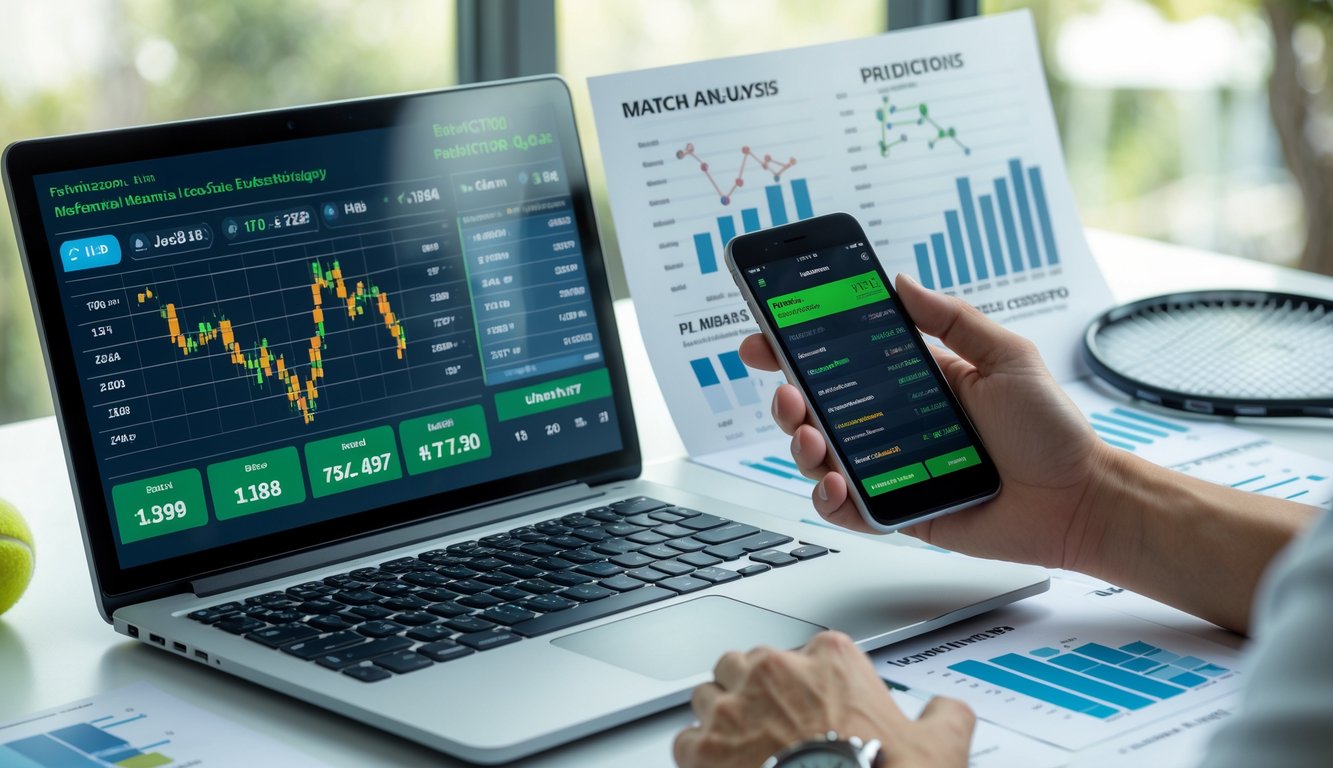 Meja kerja dengan laptop yang menampilkan statistik pertandingan tenis, kertas dengan grafik analisis, dan tangan memegang ponsel dengan aplikasi taruhan tenis.