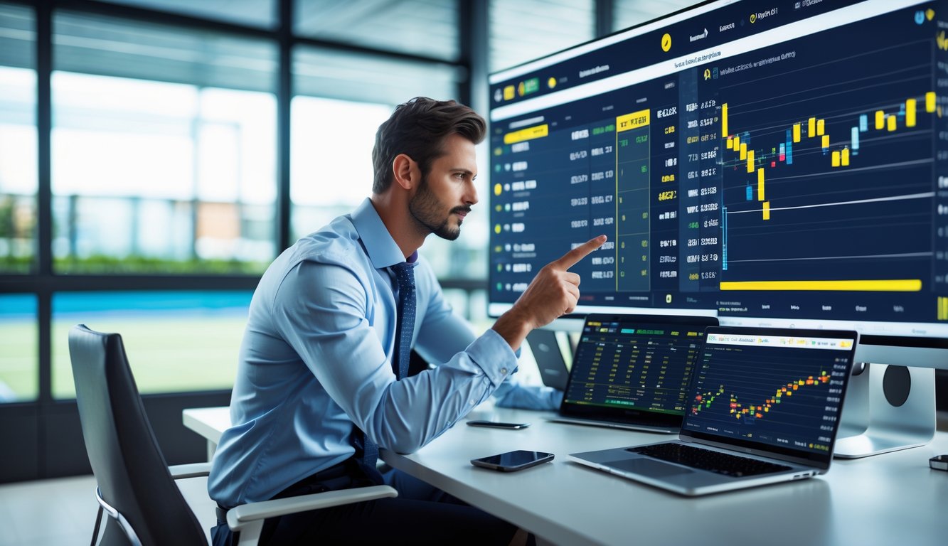 Seorang pria profesional sedang menganalisis data pertandingan tenis di layar digital di dalam kantor modern dengan lapangan tenis terlihat di latar belakang.