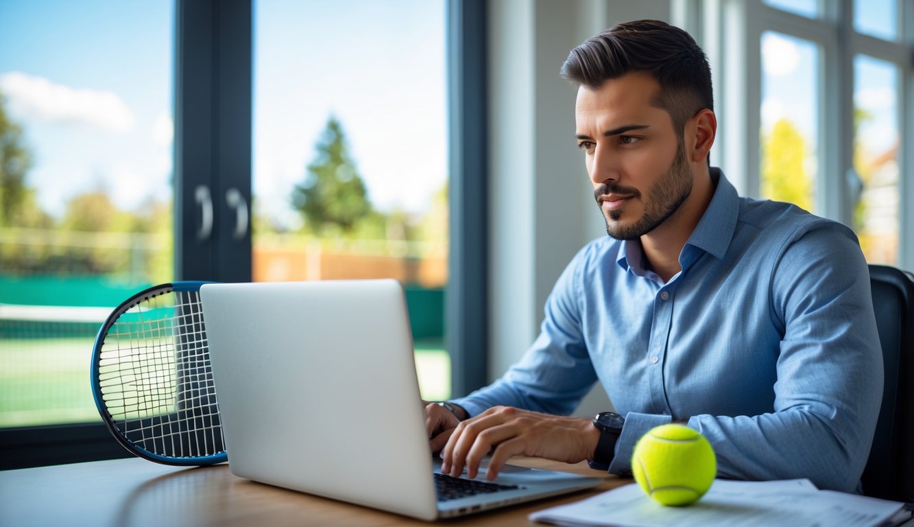 Seorang pria sedang menganalisis statistik pertandingan tenis di laptop di ruang kerja modern dengan raket dan bola tenis di meja, terlihat lapangan tenis di luar jendela.