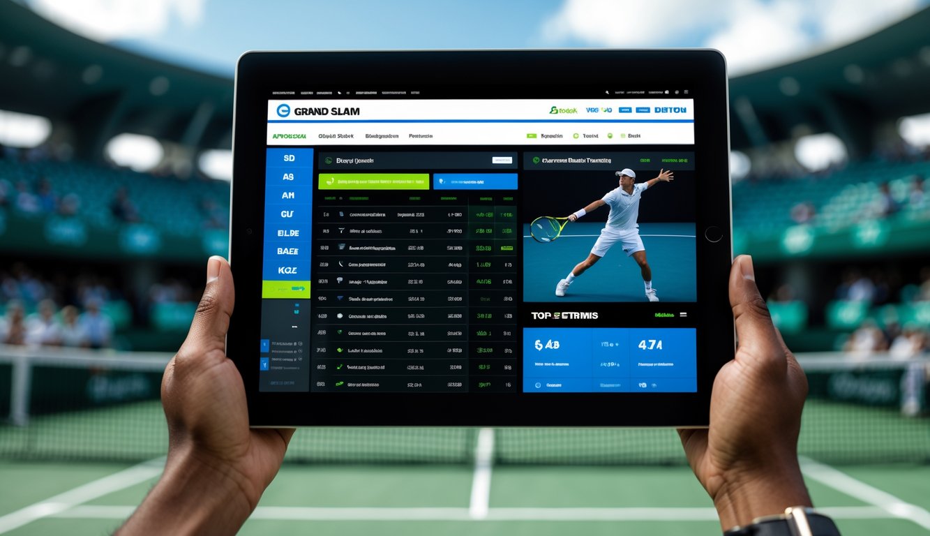 Seorang pemain tenis sedang melakukan servis di lapangan tenis dengan latar belakang layar digital yang menampilkan data taruhan dan statistik pemain.