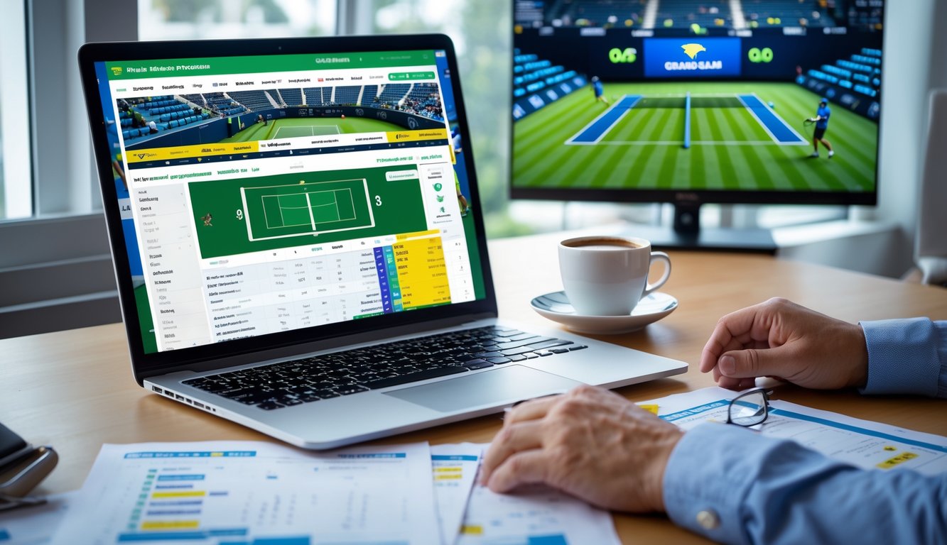 Meja kerja dengan laptop yang menampilkan statistik tenis dan peluang taruhan, kertas dengan profil pemain, kopi, dan televisi yang menayangkan pertandingan tenis Grand Slam.