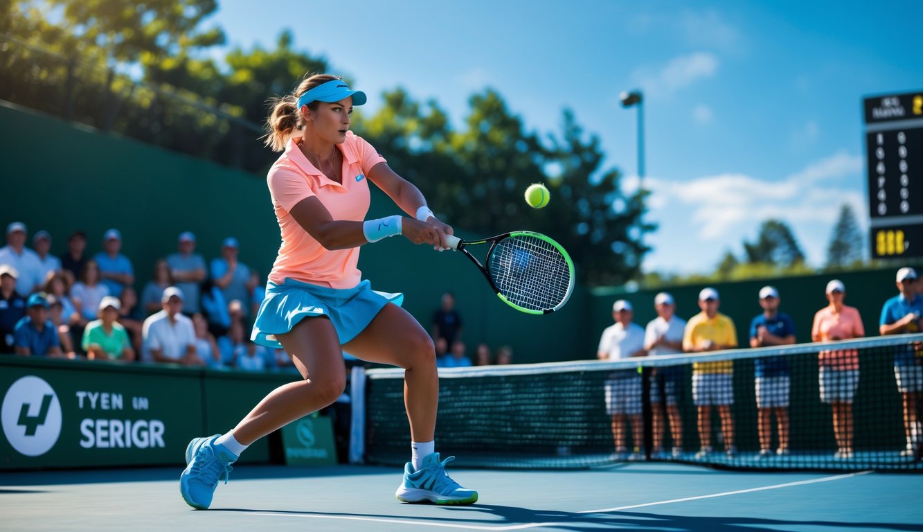 Seorang pemain tenis sedang memukul bola di lapangan dengan penonton yang memperhatikan pertandingan secara langsung.