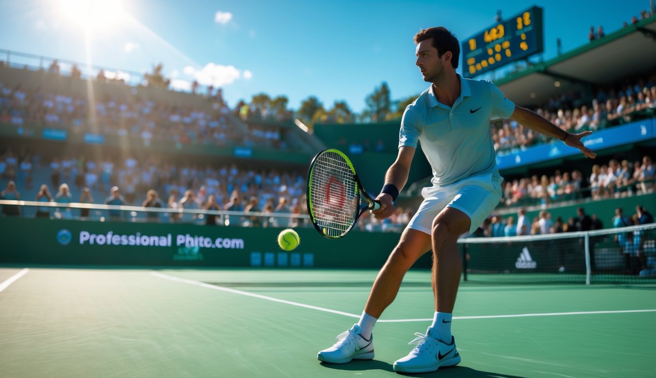 Seorang pemain tenis pria sedang memukul bola di lapangan tenis dengan penonton di tribun belakang.