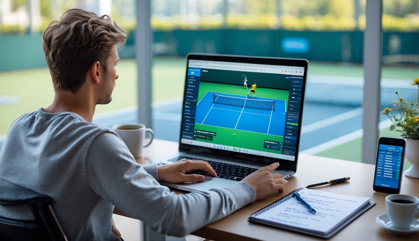 Seorang pemula taruhan tenis duduk di meja dengan laptop menampilkan pertandingan tenis, catatan, dan ponsel dengan peluang taruhan, di ruang yang terang dengan latar belakang lapangan tenis.