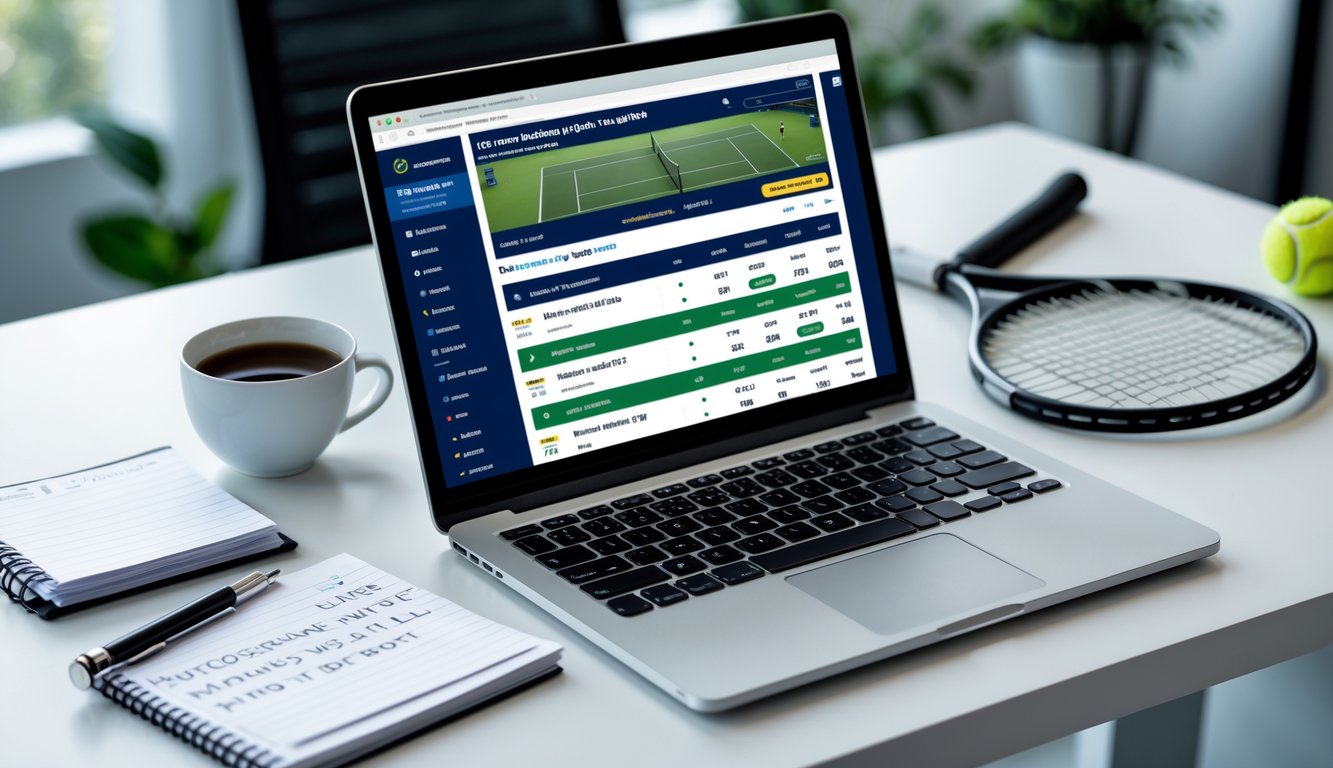 Meja kerja dengan laptop yang menampilkan situs taruhan tenis, secangkir kopi, buku catatan, telepon pintar dengan siaran langsung tenis, dan raket tenis dengan bola tenis di atas meja.