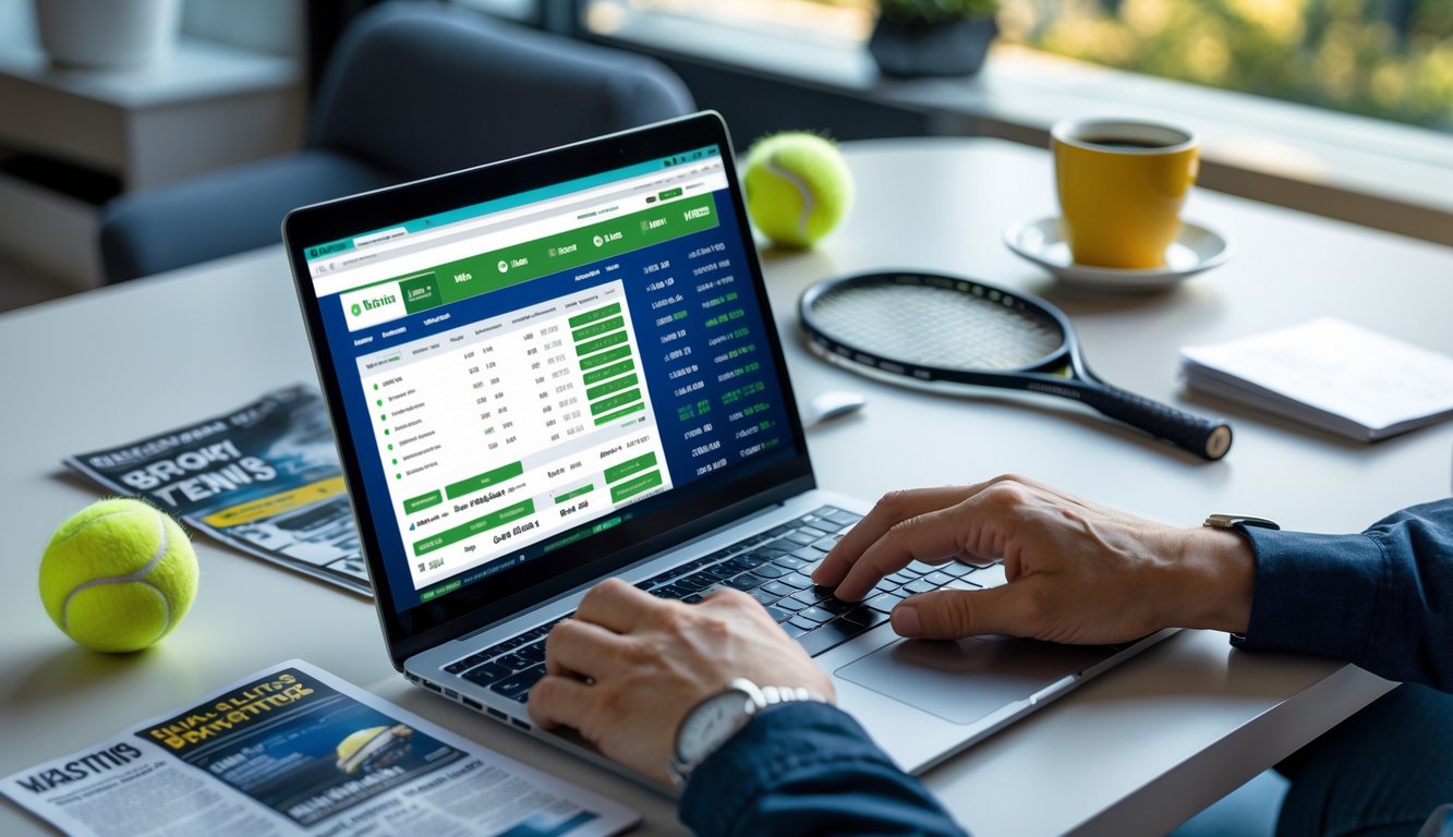 Seseorang menggunakan laptop di meja kerja dengan raket tenis dan bola tenis di dekatnya, menunjukkan aktivitas taruhan tenis online.