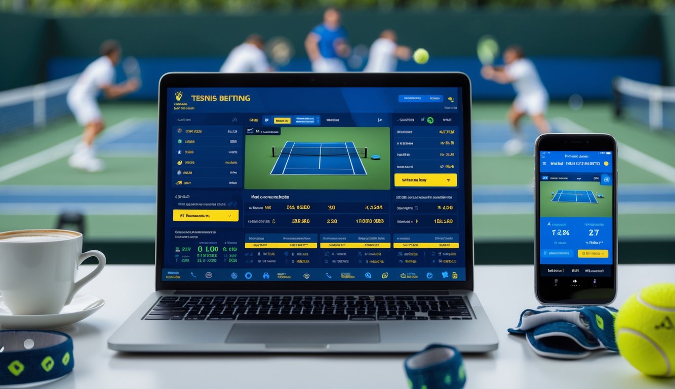Seorang pria di meja kerja dengan laptop dan ponsel yang menampilkan statistik dan pertandingan tenis, dengan lapangan tenis dan pemain di latar belakang.