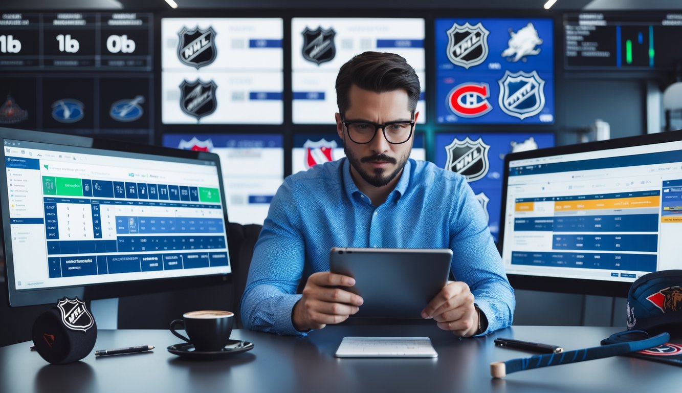 Seorang analis olahraga sedang mempelajari statistik dan video pertandingan hoki es NHL di sebuah kantor modern.