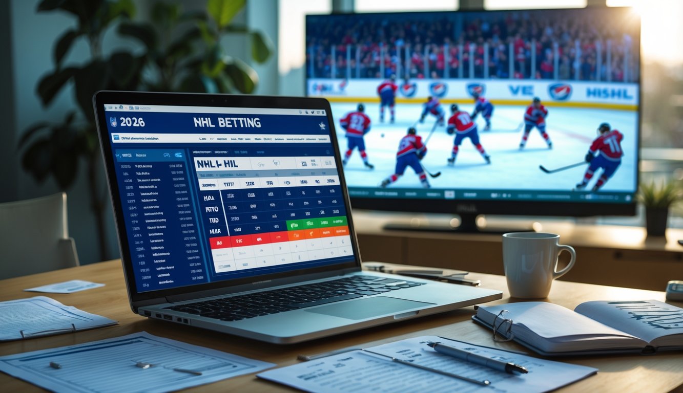 Meja kerja dengan laptop menampilkan statistik dan peluang taruhan NHL, catatan tertulis, dan televisi yang menayangkan pertandingan hoki es NHL.