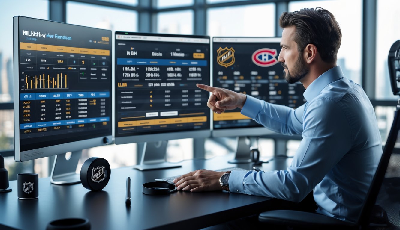 Seorang analis olahraga sedang bekerja di depan beberapa layar komputer yang menampilkan statistik dan prediksi skor pertandingan hoki NHL.