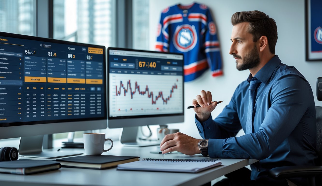 Seorang analis olahraga sedang memeriksa data prediksi skor NHL di meja kerja dengan beberapa monitor komputer dan alat tulis di ruang kantor yang terang.