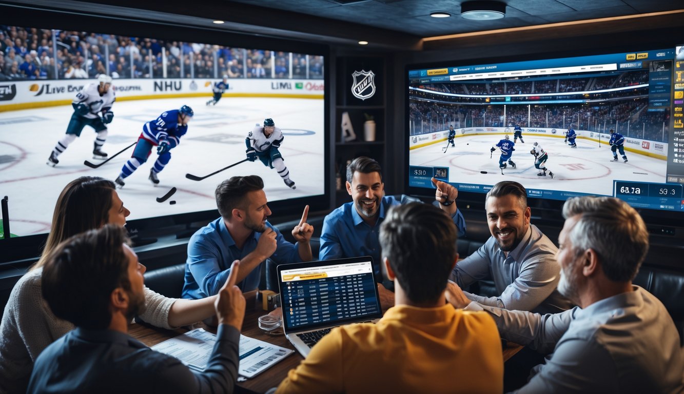 Sekelompok orang menonton pertandingan hoki NHL secara langsung dengan layar besar dan perangkat yang menampilkan peluang taruhan terkini.