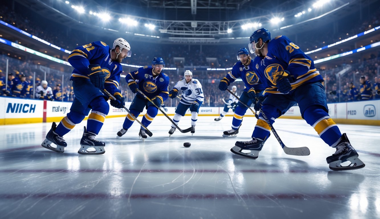 Pertandingan hoki es NHL yang intens dengan dua tim yang sedang bertanding di arena penuh penonton.