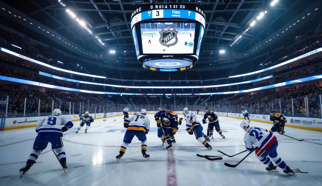 Pertandingan hoki NHL yang intens di arena besar dengan pemain dari dua tim yang sedang bertanding di atas es, dikelilingi oleh penonton yang antusias.