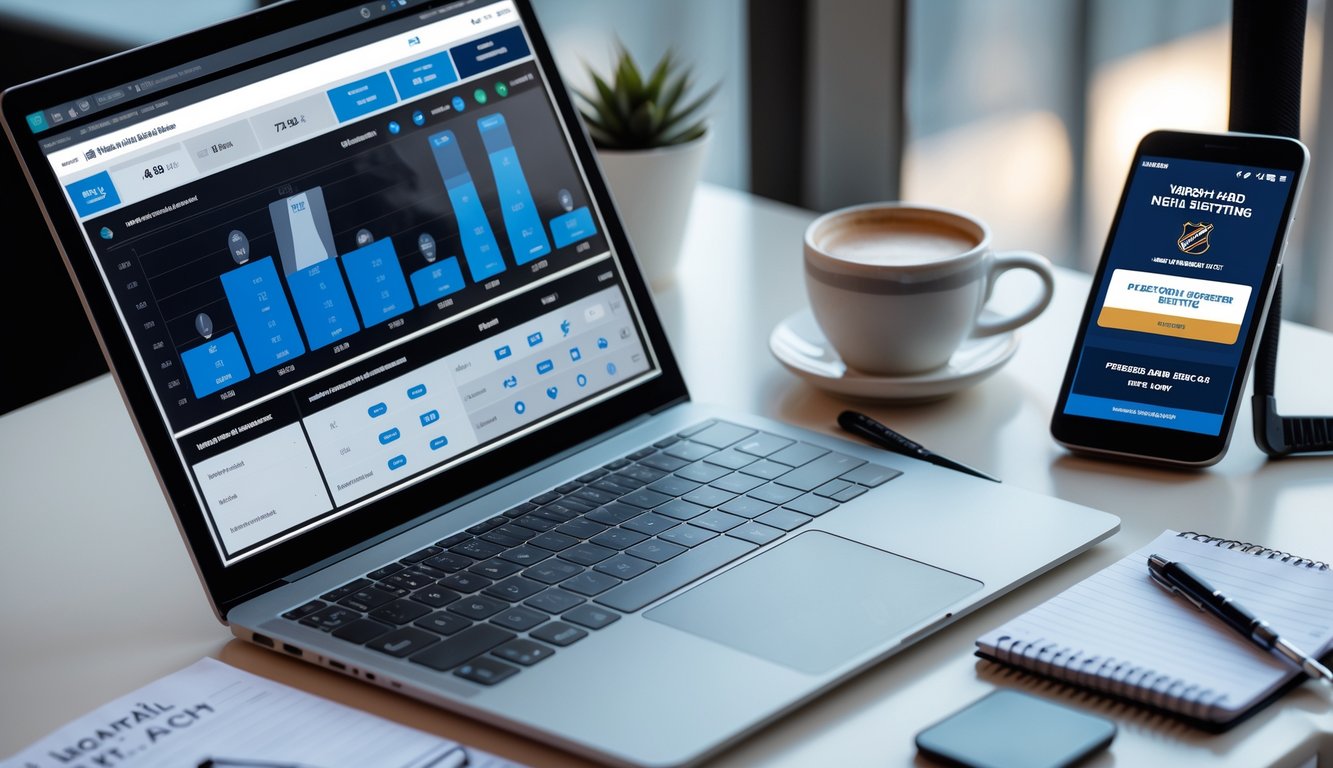 Sebuah ruang kerja modern dengan laptop dan ponsel yang menampilkan statistik dan prediksi taruhan hoki es, di atas meja terdapat kopi, catatan, dan dekorasi bertema hoki.