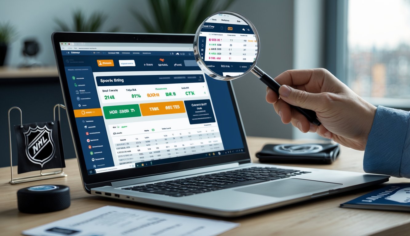 Seseorang duduk di depan laptop yang menampilkan situs taruhan NHL dengan elemen terkait hoki di meja, menunjukkan suasana kerja yang serius dan fokus.