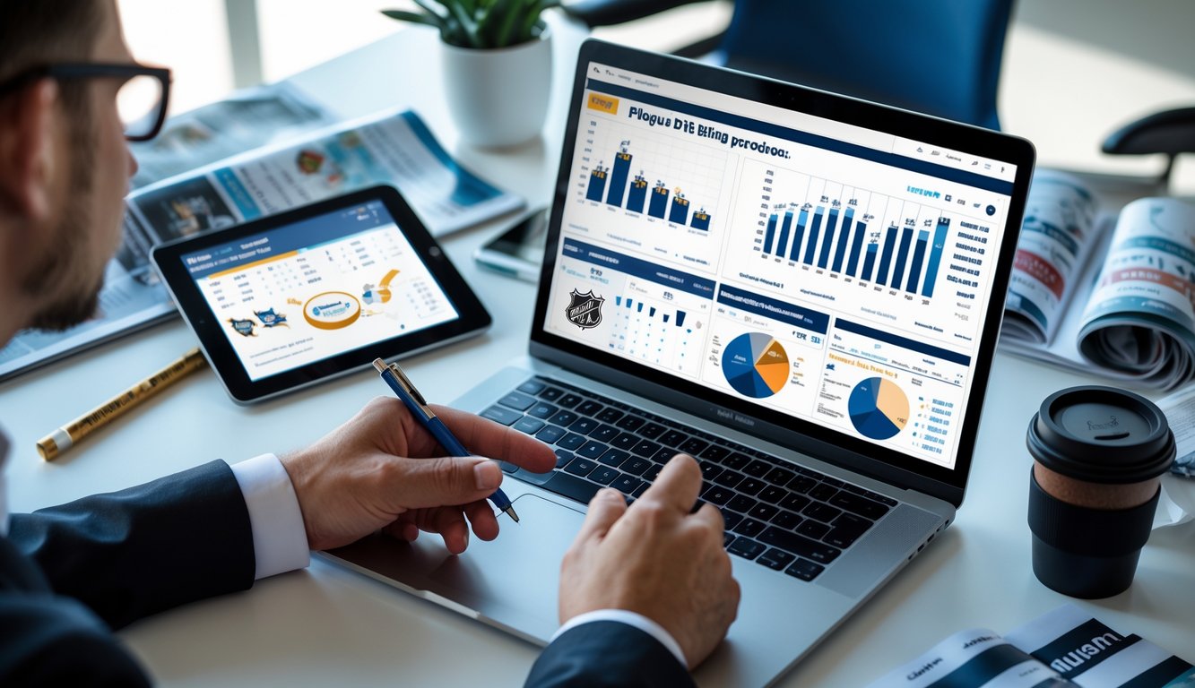 Meja kerja dengan laptop yang menampilkan grafik analisa statistik tim NHL, sebuah puck hoki dan stik kecil di samping, serta tangan seseorang yang menunjuk layar, menggambarkan perencanaan strategi taruhan NHL Playoff 2026.