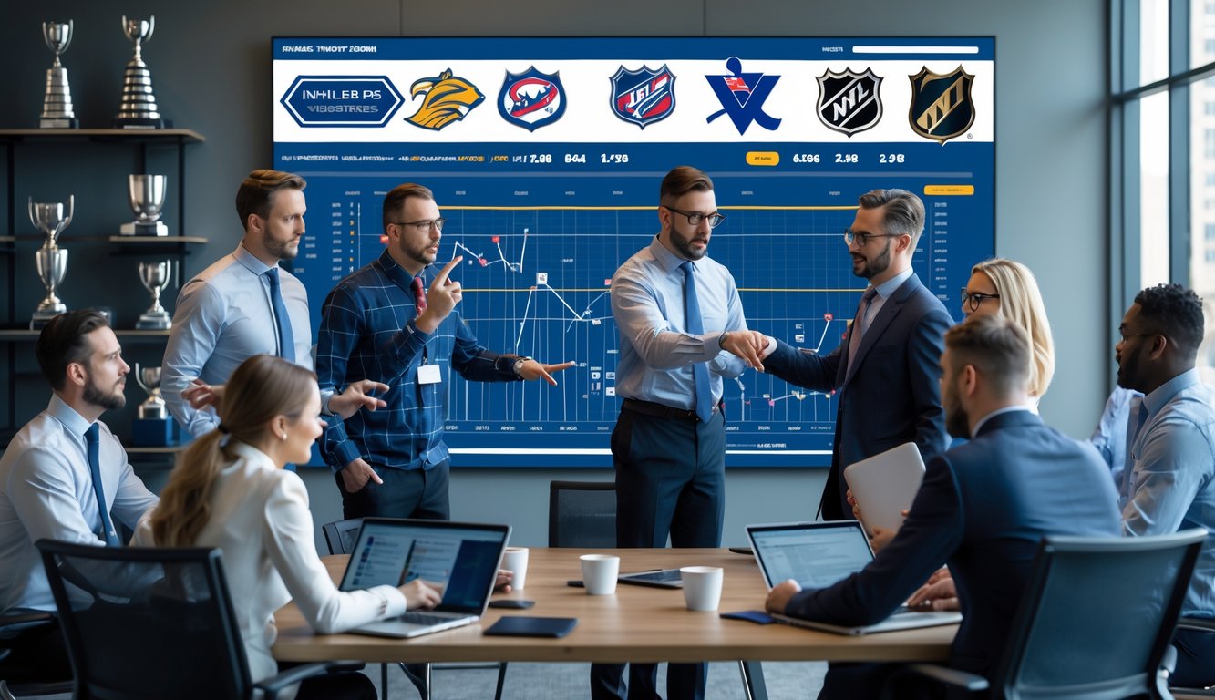 Sekelompok analis olahraga sedang berdiskusi di kantor dengan layar besar yang menampilkan grafik statistik tim NHL playoff 2026.