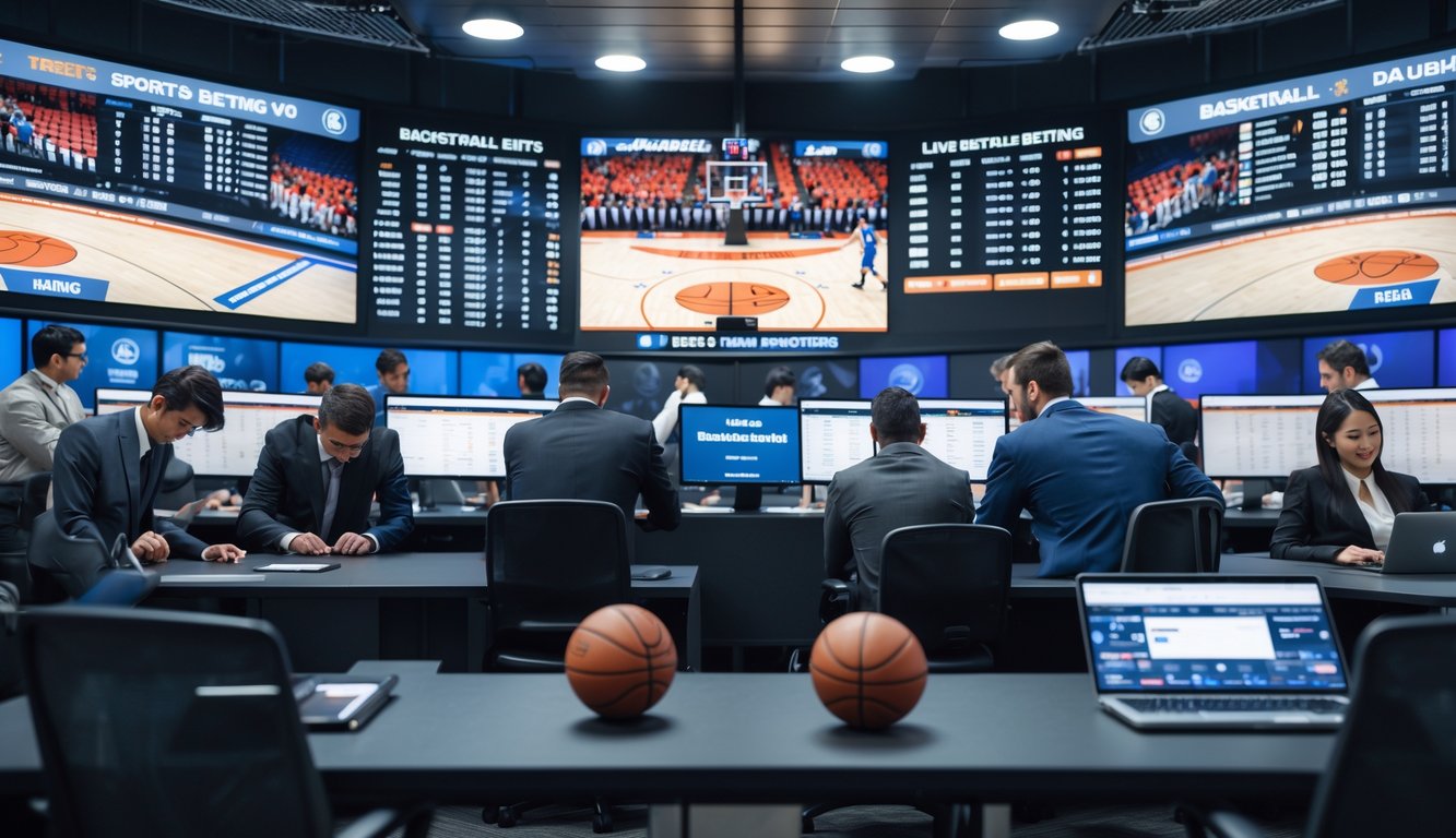 Orang-orang sedang memasang taruhan pada pertandingan bola basket di sebuah kantor taruhan modern dengan layar besar menampilkan pertandingan bola basket langsung.