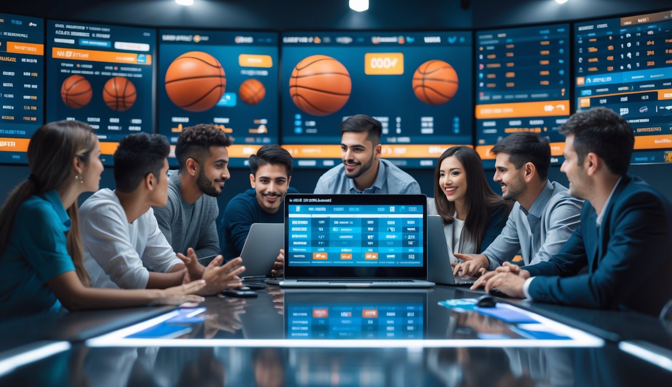 Sekelompok orang beragam usia sedang melihat layar digital dengan data taruhan bola basket internasional di ruangan modern.