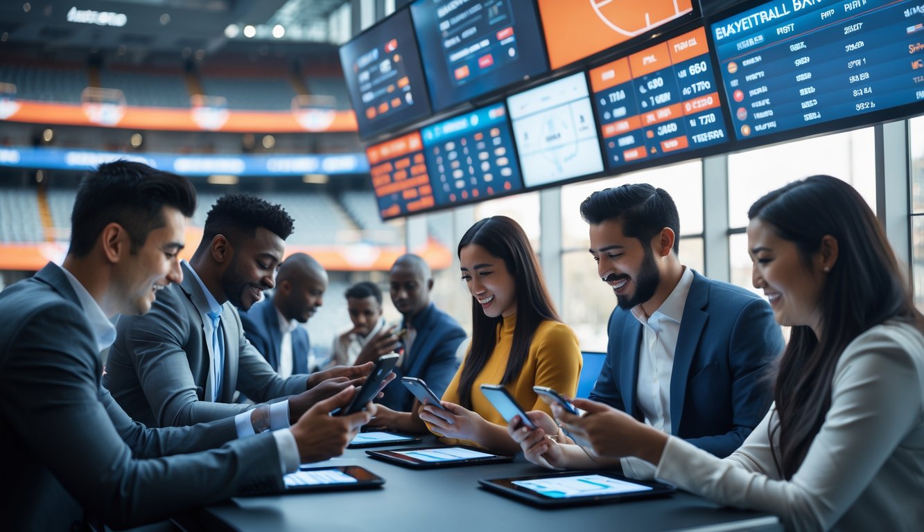 Orang-orang sedang memasang taruhan pada pertandingan basket di ruang taruhan modern dengan layar digital menampilkan skor dan peluang pertandingan.