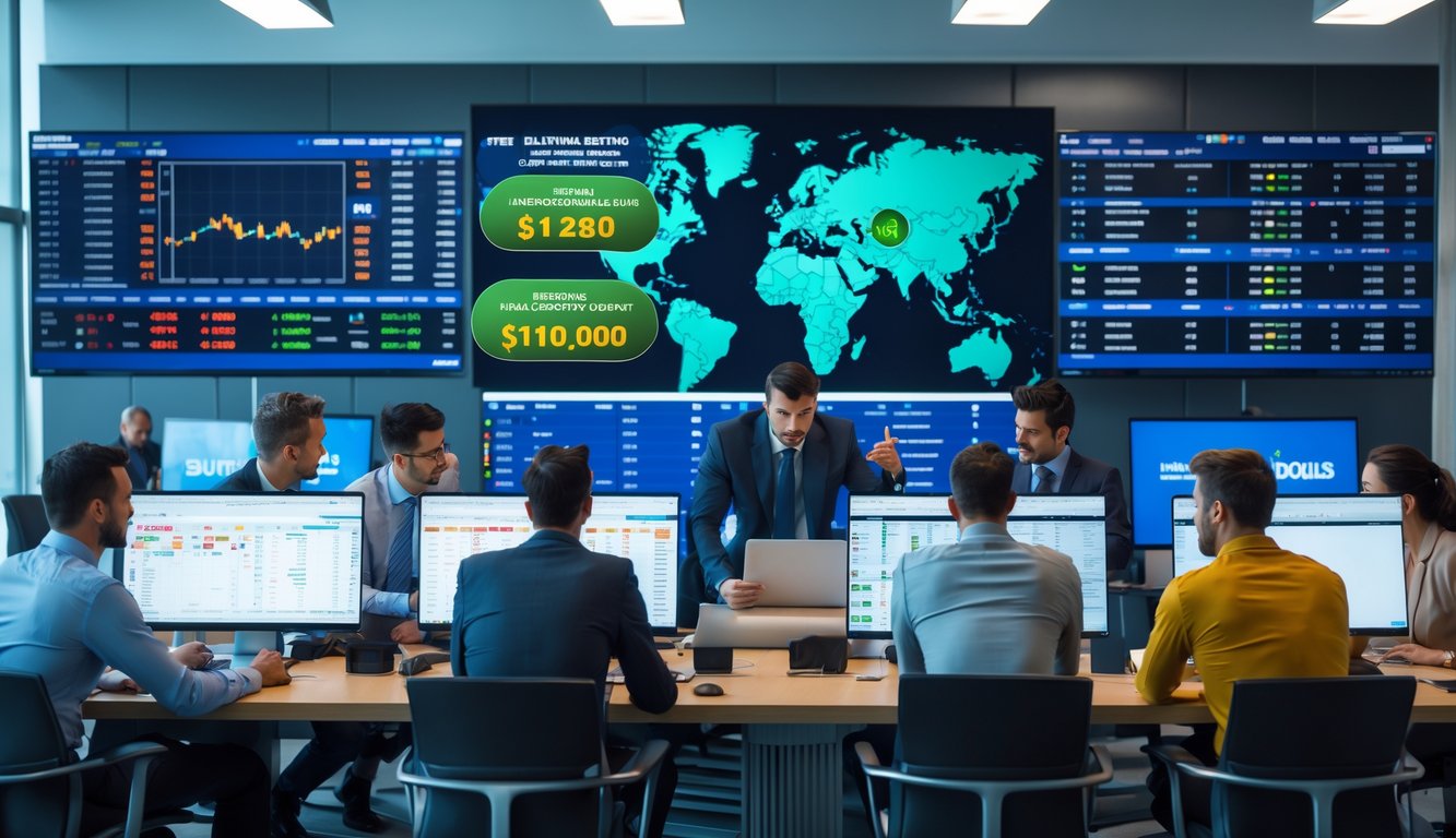 Sekelompok orang sedang menganalisis statistik dan peluang taruhan bola basket internasional di kantor modern dengan layar komputer besar.