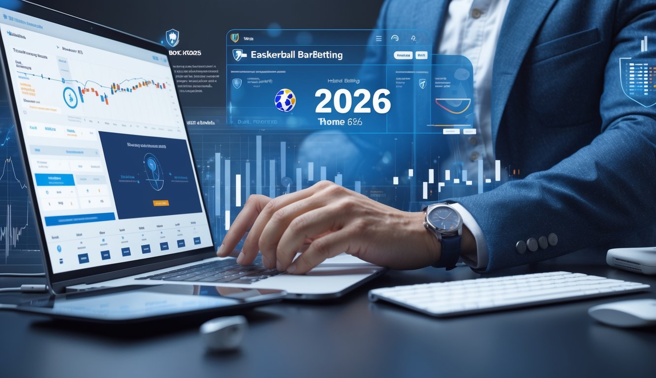 Seseorang sedang menganalisis data taruhan bola basket internasional di depan laptop dan ponsel dengan tampilan grafik dan simbol keamanan.