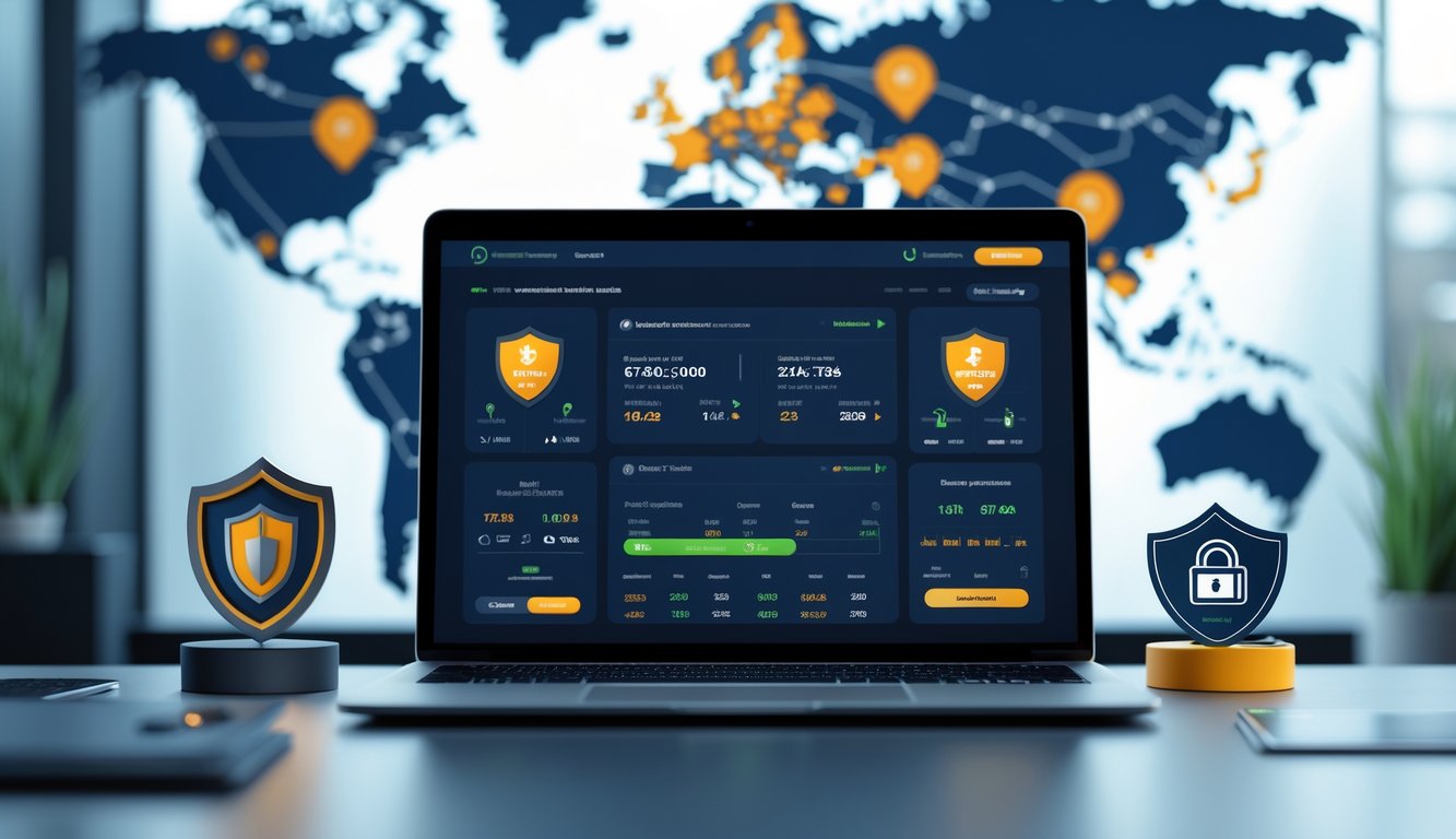 Sebuah ruang kerja modern dengan laptop yang menampilkan platform taruhan basket internasional, dikelilingi simbol keamanan dan peta dunia.