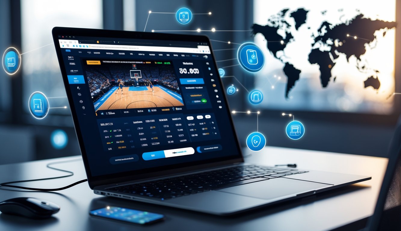 Seorang pengguna di depan laptop dengan tampilan pertandingan basket dan ikon digital terkait taruhan online di latar belakang peta dunia.