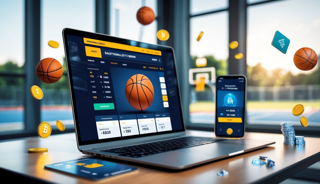 Seorang profesional menggunakan laptop di meja kerja dengan layar menampilkan situs taruhan basket online, dikelilingi oleh ponsel dan kartu kredit, dengan lapangan basket terlihat di latar belakang.