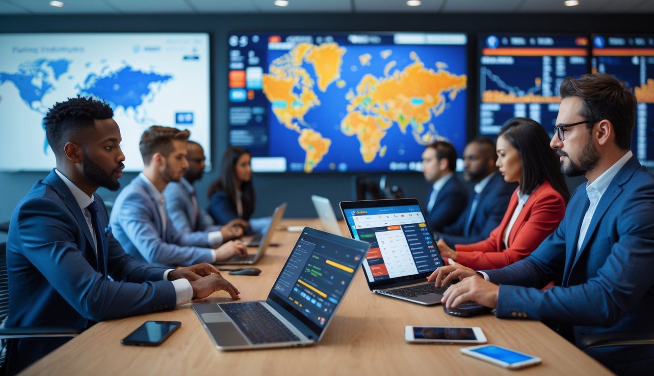 Beberapa profesional sedang menganalisis data taruhan bola basket internasional di sebuah kantor modern dengan layar besar menampilkan pertandingan dan statistik.