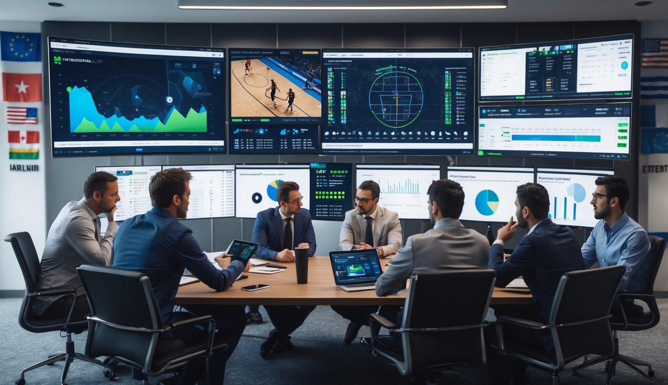 Sekelompok profesional sedang berdiskusi dan menganalisis data taruhan basket internasional di ruang kantor modern dengan layar komputer menampilkan statistik dan grafik pertandingan basket.
