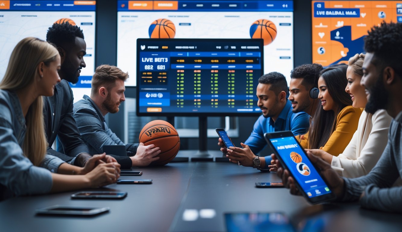 Orang-orang menggunakan perangkat digital untuk memasang taruhan langsung pada pertandingan bola basket internasional.