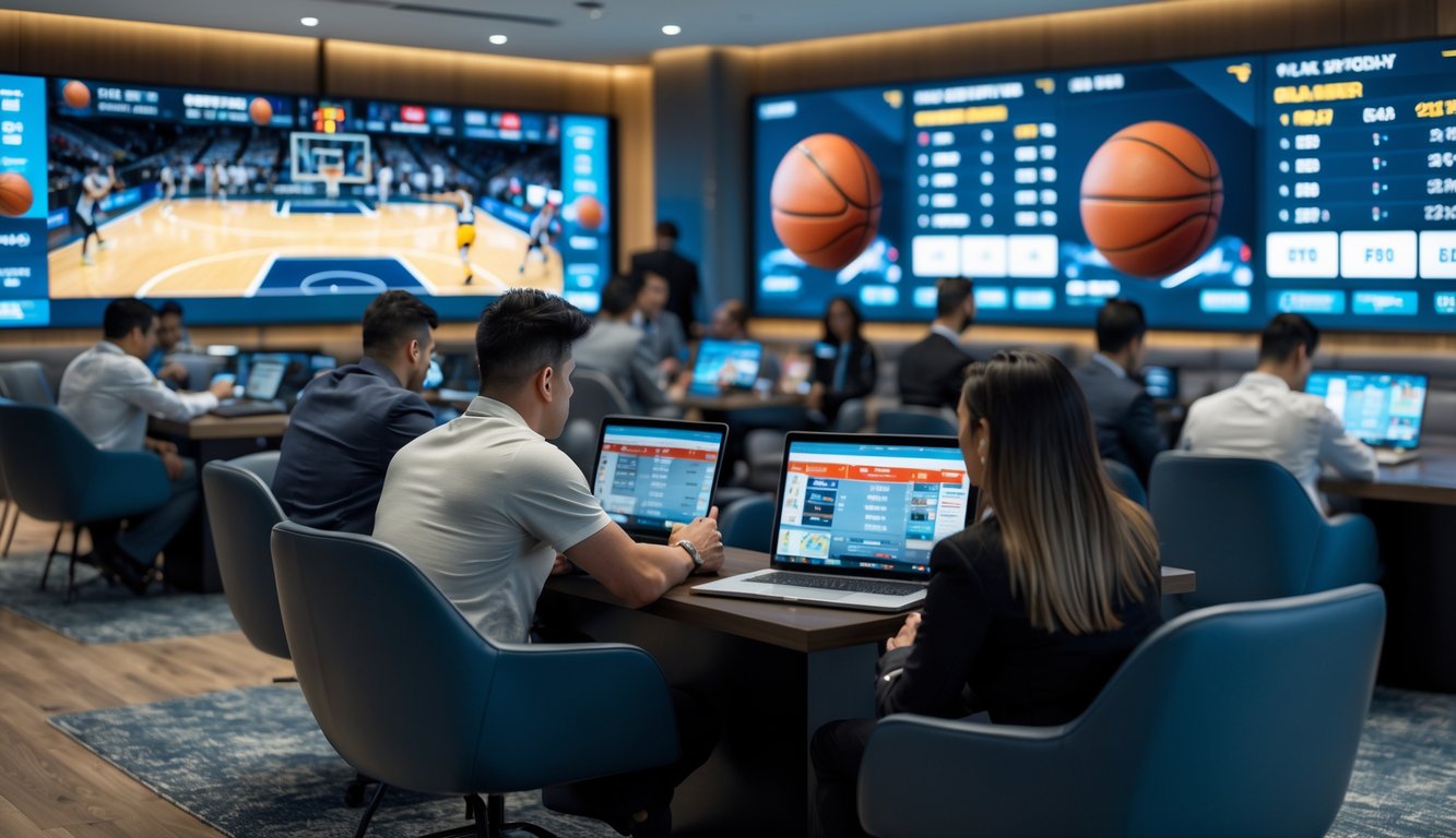 Orang-orang sedang melihat pertandingan bola basket dan memasang taruhan secara langsung di ruang taruhan dengan layar besar.