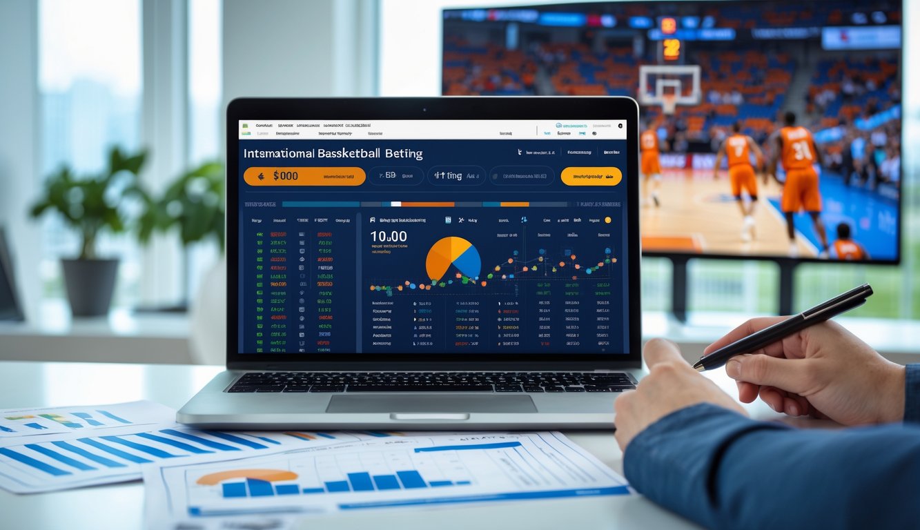 Seseorang sedang merencanakan strategi taruhan basket internasional dengan laptop dan grafik di meja, latar belakang menampilkan pertandingan basket yang sedang berlangsung.