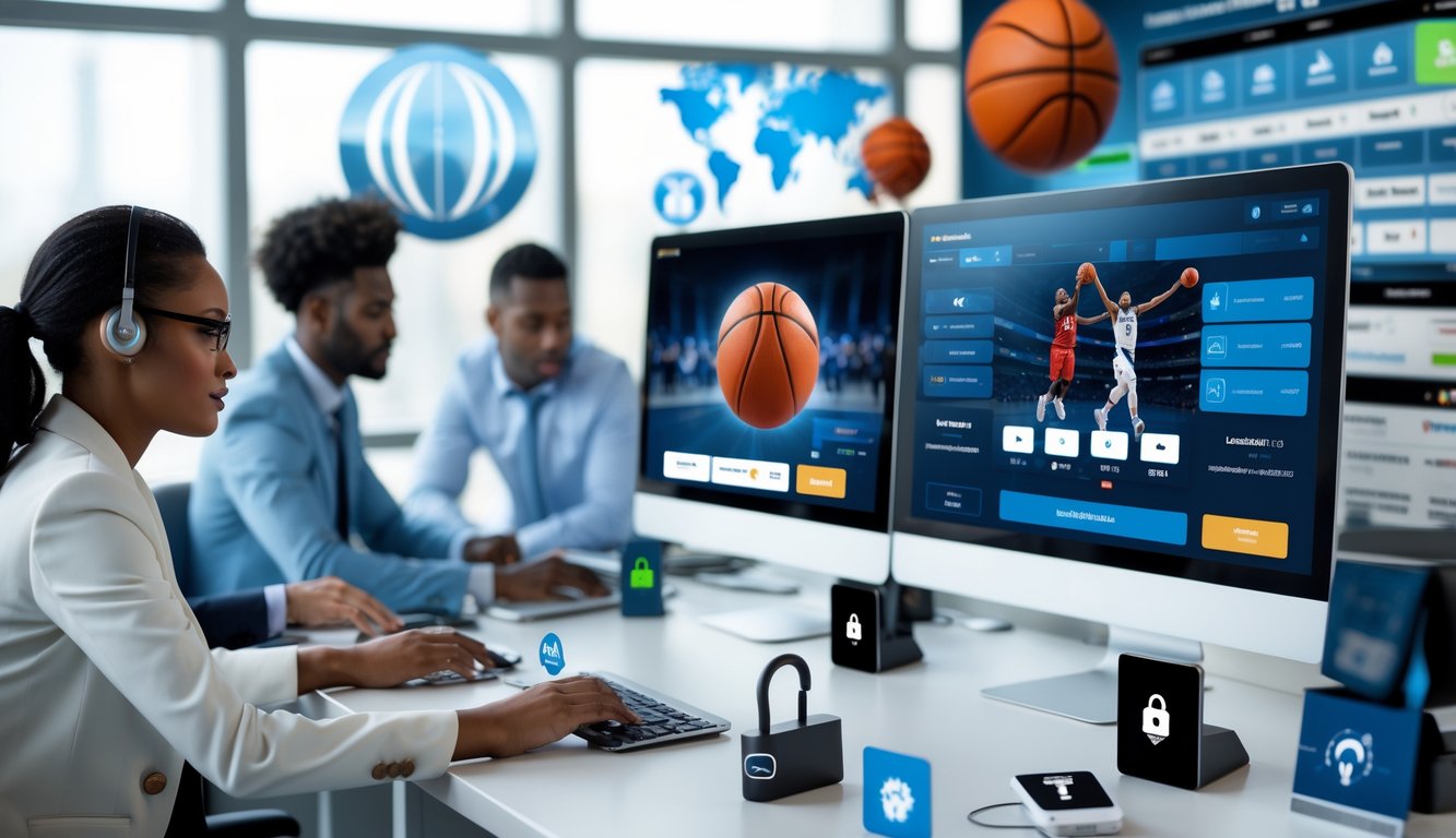 Suasana kantor modern dengan profesional yang bekerja menggunakan komputer menampilkan data pertandingan basket dan transaksi pembayaran cepat dan aman.