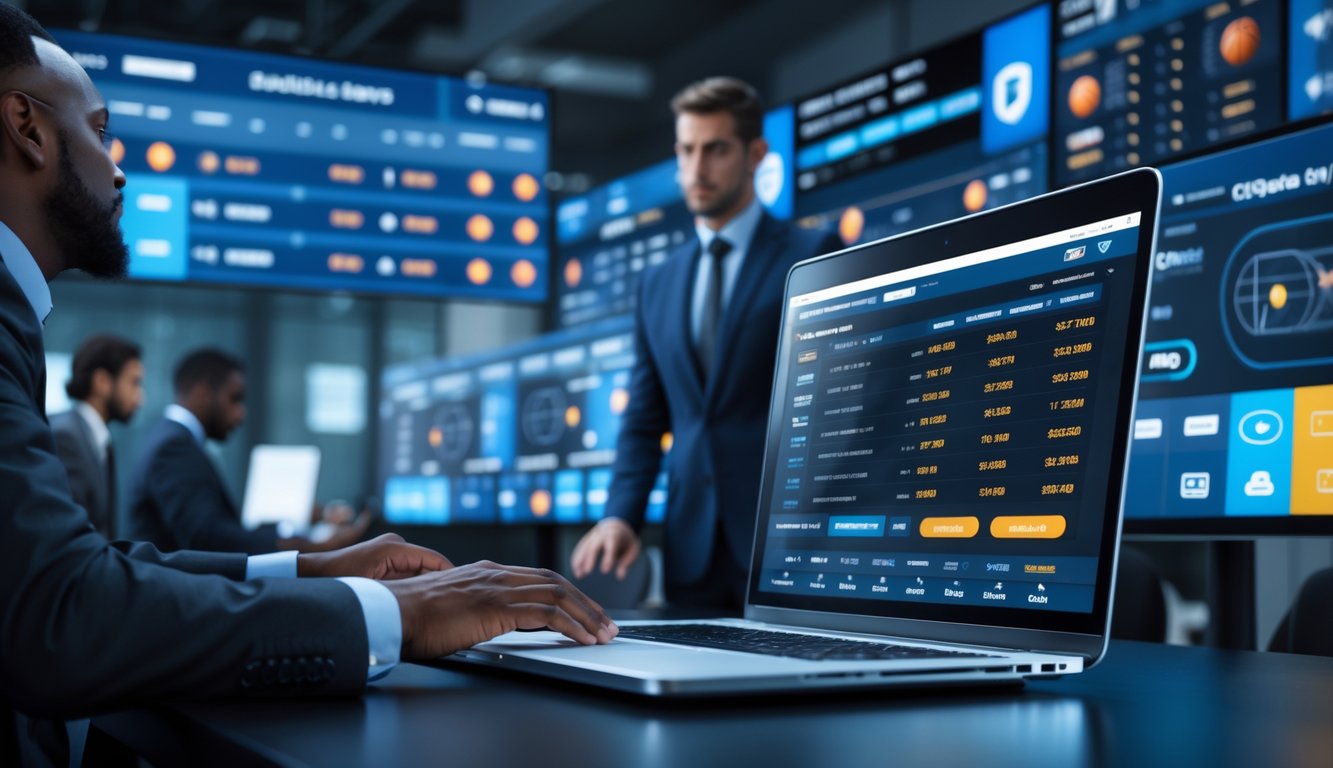 Seorang profesional sedang bekerja dengan laptop dan layar yang menampilkan data pertandingan basket dan metode pembayaran digital di kantor modern.