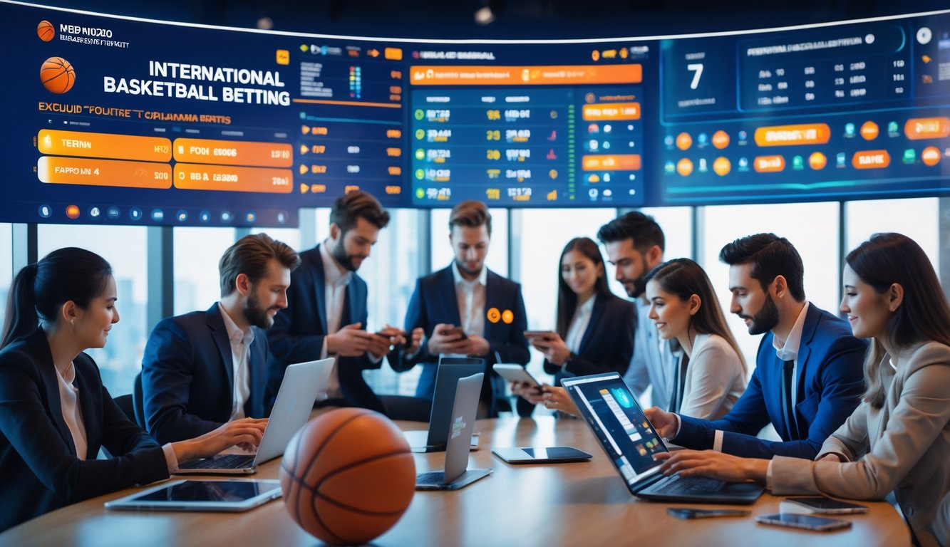 Sekelompok orang dari berbagai negara sedang menggunakan perangkat digital untuk melihat data dan statistik terkait taruhan bola basket dalam ruangan modern yang dilengkapi perlengkapan bola basket.